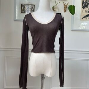 Pete Brown Stretchy Brown Cropped Vneck Beige Mesh Trim S